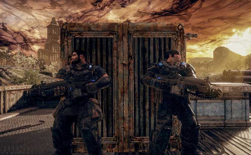 Gears of War characters taking cover behind a container.